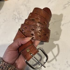 Vintage Brown broken in leather diamond cutout belt size L festival bohemian